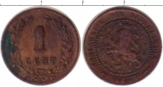 Монета цент Нидерланд 1878 года Бронза