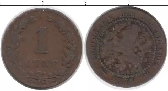 Монета цент Нидерланд 1878 года Бронза