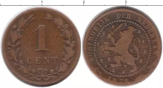 Монета цент Нидерланд 1878 года Бронза