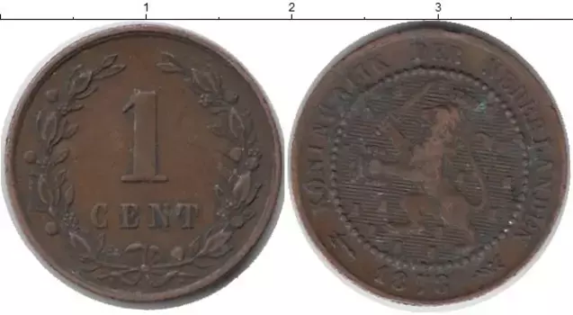 Монета цент Нидерланд 1878 года Бронза