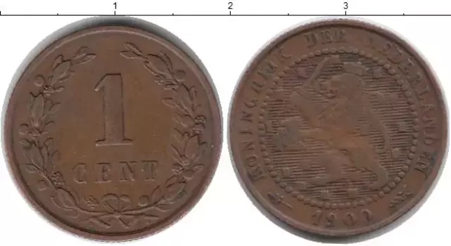 Монета цент Нидерланд 1900 года Бронза