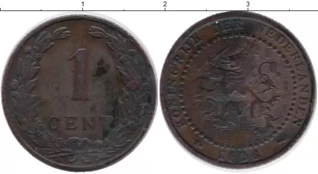 Монета цент Нидерланд 1906 года Бронза