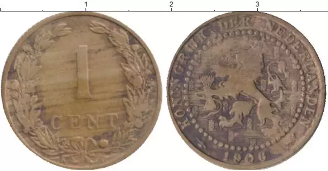 Монета цент Нидерланд 1906 года Бронза