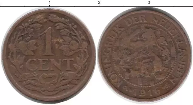 Монета цент Нидерланд 1916 года Бронза