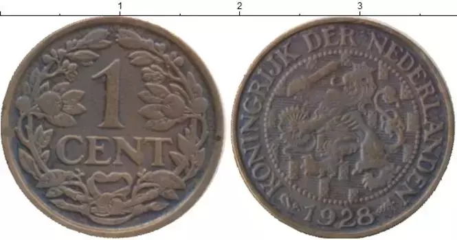 Монета цент Нидерланд 1928 года Бронза