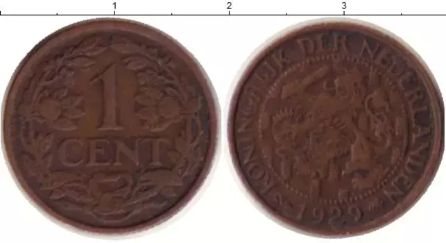 Монета цент Нидерланд 1929 года Бронза
