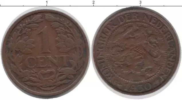 Монета цент Нидерланд 1930 года Бронза
