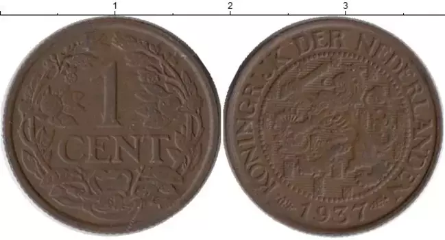 Монета цент Нидерланд 1937 года Бронза Вильгельмина
