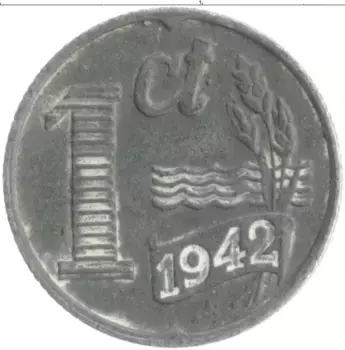 Монета цент Нидерланд 1942 года Цинк Немецкая оккупация
