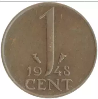 Монета цент Нидерланд 1948 года Бронза Вильгельмина
