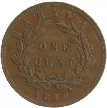 Монета цент Саравака 1870 года Бронза Раджа Брук