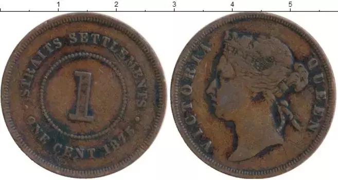 Монета цент Стрейтс-Сеттльмента 1875 года Бронза Виктория