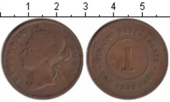 Монета цент Стрейтс-Сеттльмента 1875 года Медь Виктория
