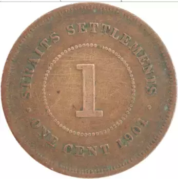 Монета цент Стрейтс-Сеттльмента 1901 года Медь Виктория
