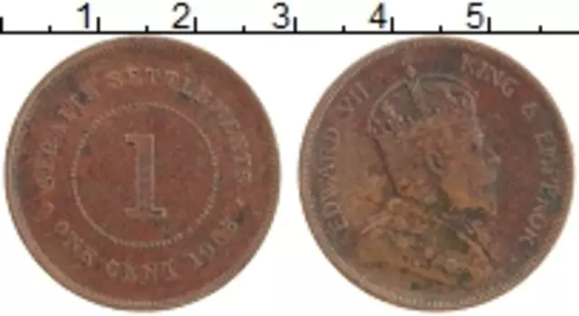 Монета цент Стрейтс-Сеттльмента 1908 года Бронза Эдуард VII