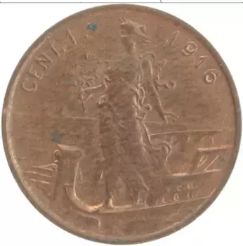 Монета чентезимо Италии 1916 года Бронза Виктор Эммануил III
