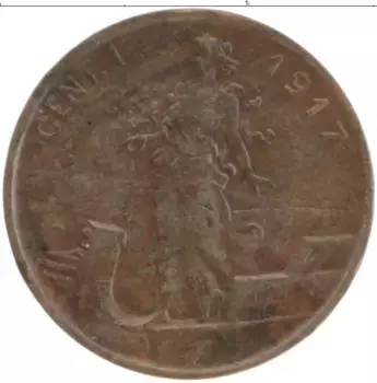 Монета чентезимо Италии 1917 года Бронза Виктор Эммануил III