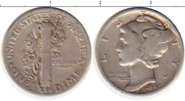 Монета дайм Америки 1942 года Серебро