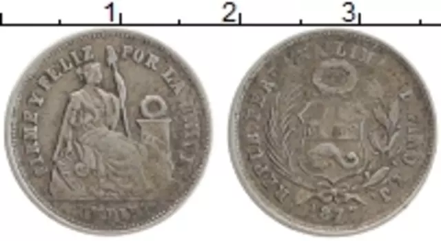 Монета динер Перу 1877 года Серебро