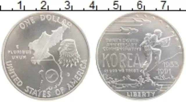 Монета доллар Америки 1991 года Серебро 38 лет окончания Корейской войны D