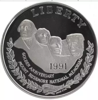 Монета доллар Америки 1991 года Серебро 50 лет Национальному мемориалу Рашмор