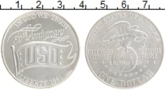 Монета доллар Америки 1991 года Серебро 50-летие USO D
