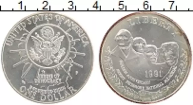 Монета доллар Америки 1991 года Серебро Национальный мемориал Рашмор Р