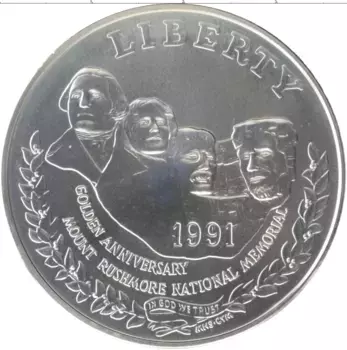 Монета доллар Америки 1991 года Серебро Золотой юбилей мемориала Рашмора