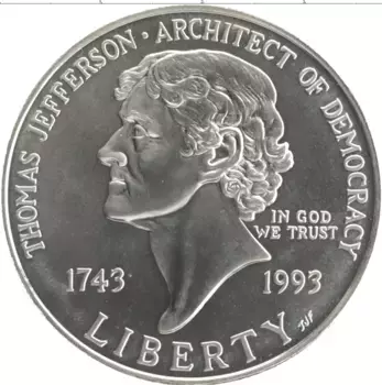 Монета доллар Америки 1993 года Серебро 250 лет со дня рождения Томаса Джефферсона