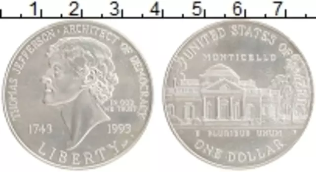 Монета доллар Америки 1993 года Серебро 250-летие Томаса Джефферсона Р