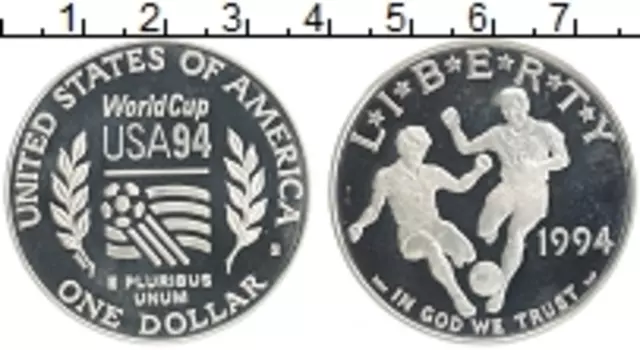 Монета доллар Америки 1994 года Серебро Чемпионат мира по футболу 94 S
