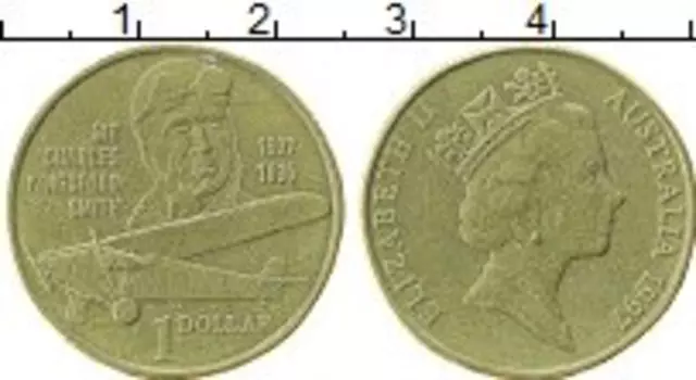 Монета доллар Австралии 1997 года Латунь 100 лет со дня рождения летчика Сэра Чарльза Кингсфорд-Смита