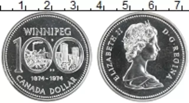 Монета доллар Канады 1974 года Серебро 100 лет городу Виннипег