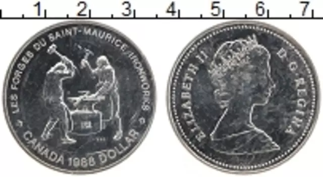 Монета доллар Канады 1988 года Серебро 250 лет металлургическому заводу Сен-Мориса