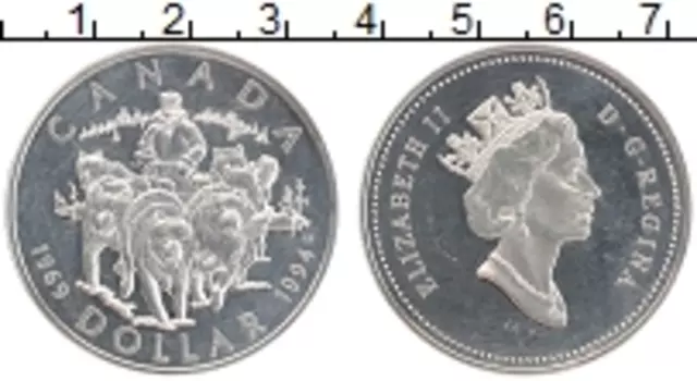 Монета доллар Канады 1994 года Серебро Патруль на собачих упряжках