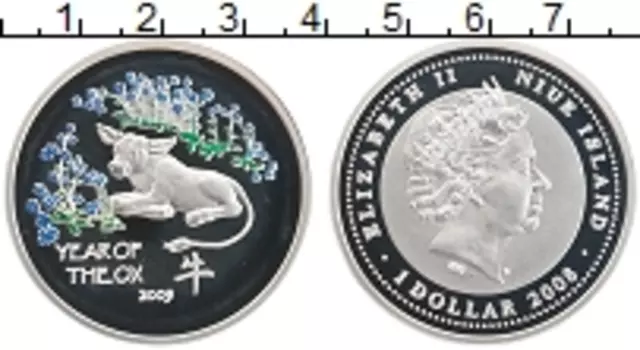 Монета доллар Ниуэ 2008 года Серебро Елизавета II Год быка
