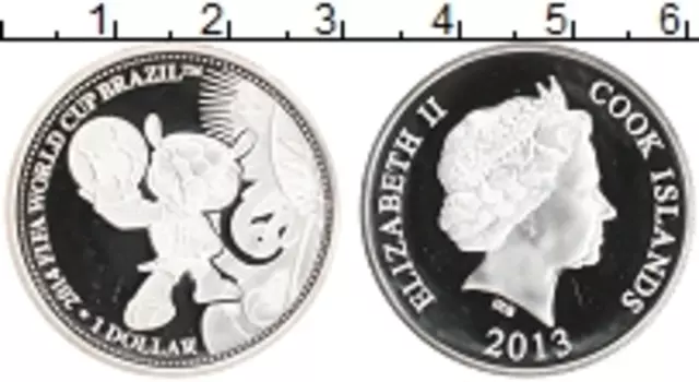 Монета доллар Островов Кука 2013 года Серебро Чемпионат мира по футболу в Бразилии