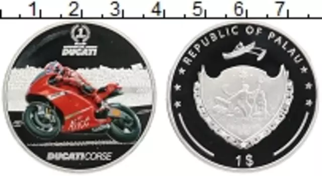 Монета доллар Палау 2009 года Посеребрение Мотогонки, Дукати, Кейси Стоунер