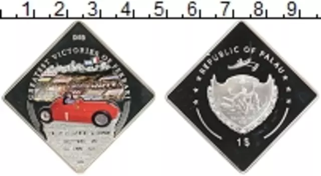 Монета доллар Палау 2011 года Посеребрение Величайшие победы Феррари - D50, Хуан Мануэль Фанхио