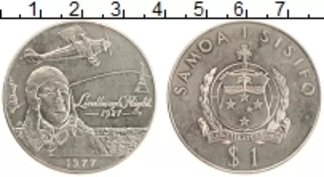 Монета доллар Самоа 1977 года Медно-никель 50 лет первого полёта через Атлантический океан Чарльза Линдберга