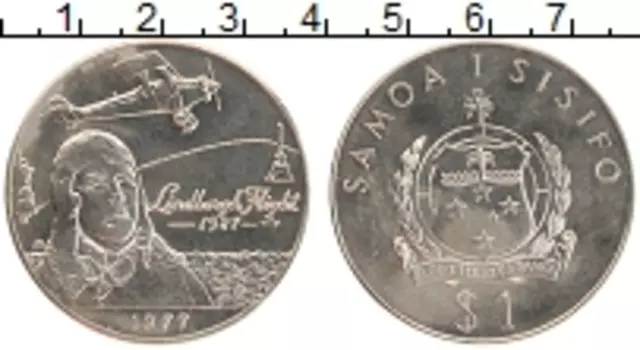 Монета доллар Самоа 1977 года Медно-никель 50 лет первого полёта через Атлантический океан Чарльза Линдберга