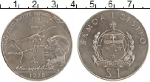 Монета доллар Самоа 1978 года Медно-никель 50 лет первого полета через Тихий океан