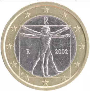 Монета евро Италии 2002 года Биметалл Витрувианский человек Леонардо да Винчи
