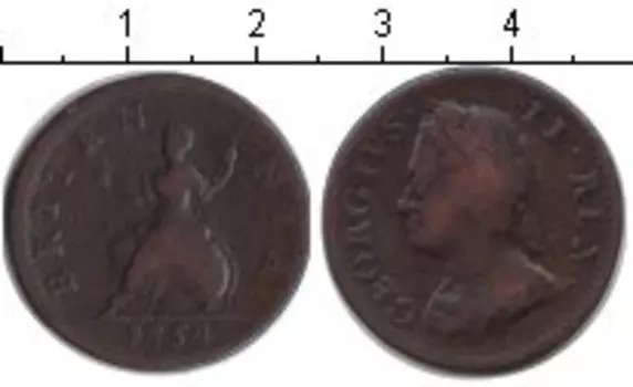 Монета фартинг Англии 1754 года Медь Георг II