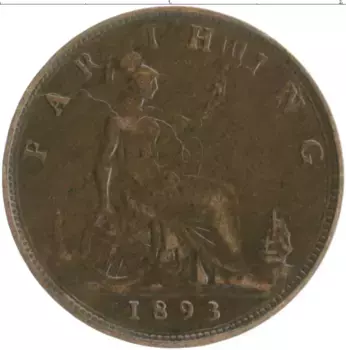 Монета фартинг Англии 1893 года Бронза Виктория