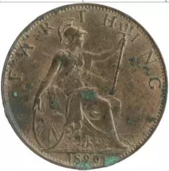 Монета фартинг Англии 1896 года Бронза Виктория
