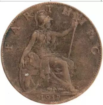 Монета фартинг Англии 1917 года Бронза Георг V