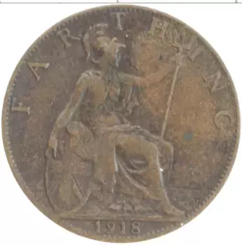 Монета фартинг Англии 1918 года Бронза Георг V