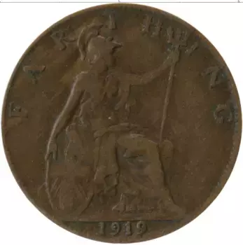 Монета фартинг Англии 1919 года Бронза Георг V