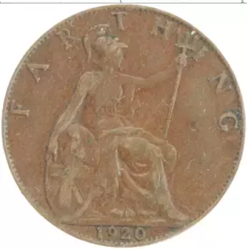Монета фартинг Англии 1920 года Бронза Георг V